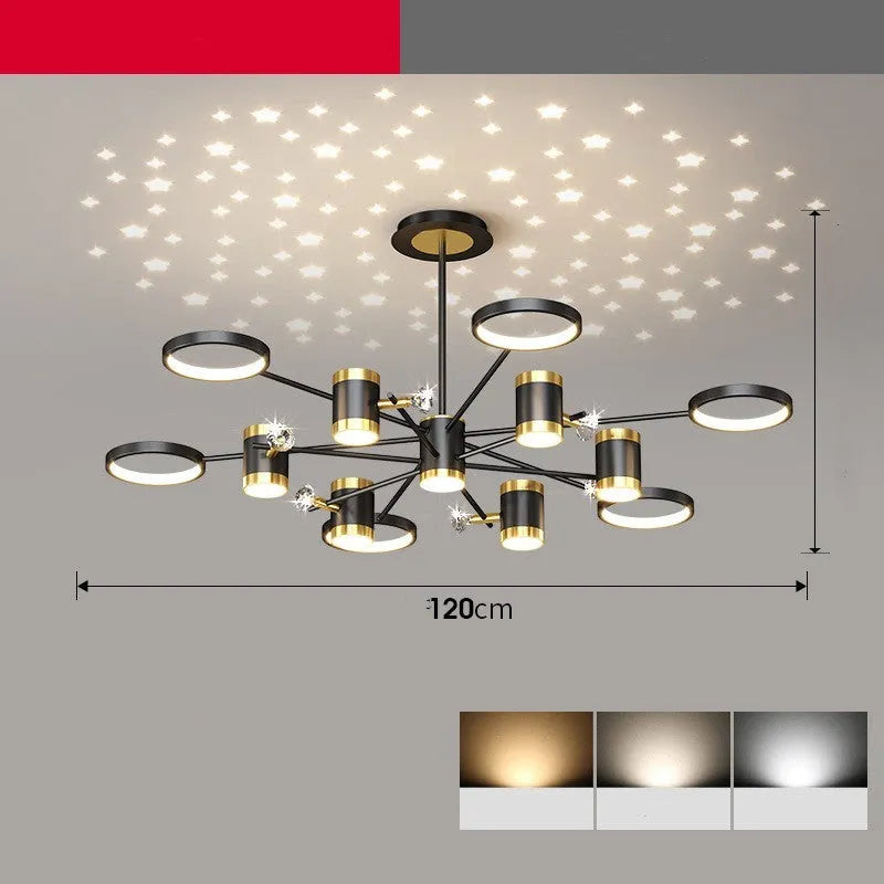 Black iron pendant ceiling chandelier with 13 light heads and remote control.