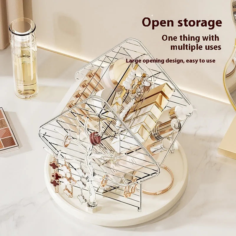 Rotating cosmetics storage box in clear and amber gold plastic with 360-degree rotation