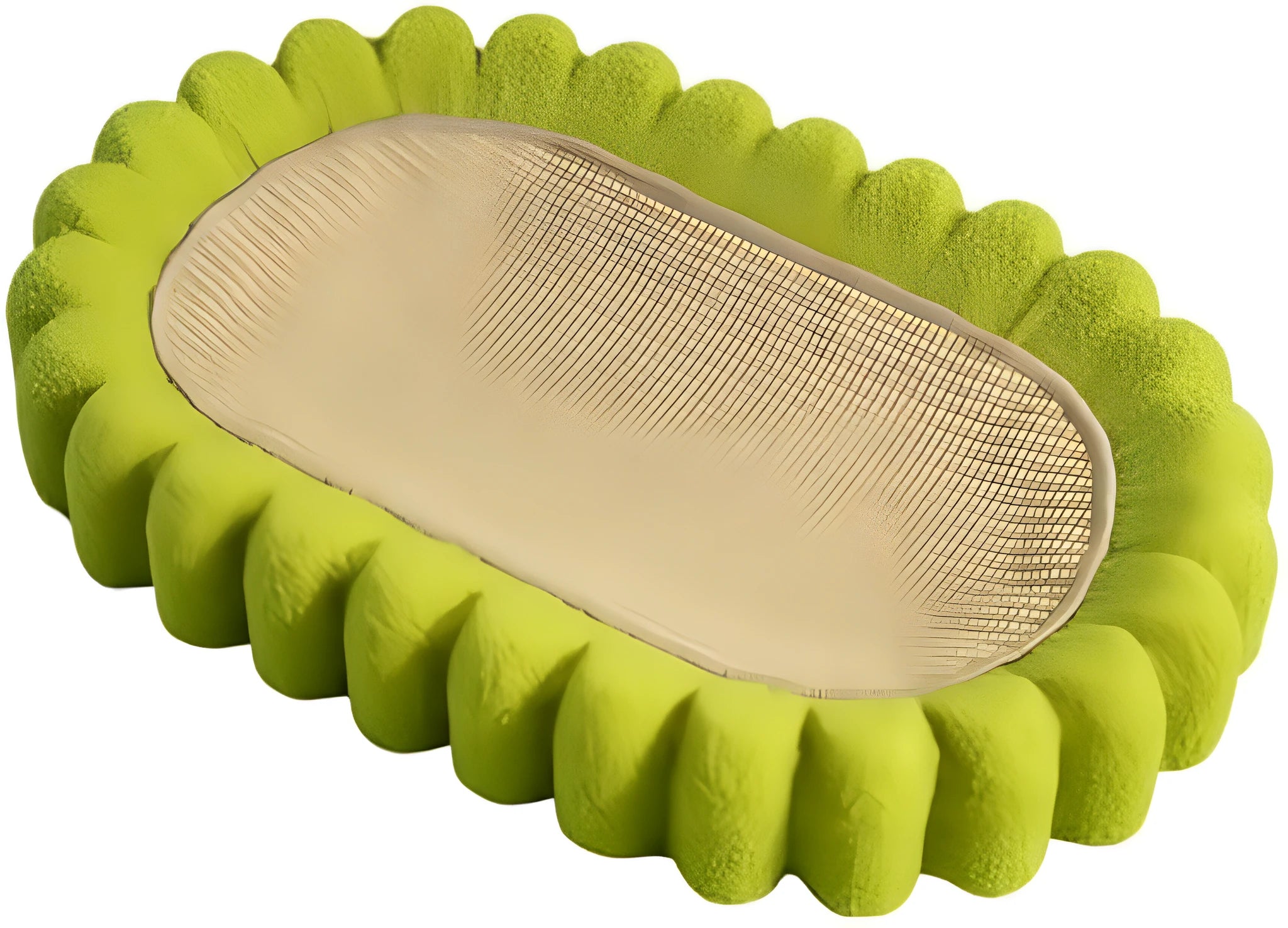Green oval cat scratch pad and bed made from sisal measuring 650x420x100mm