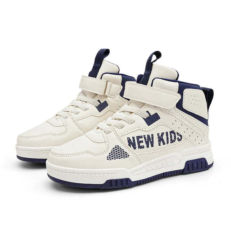 Children's coloured buckle-closure outdoor sneakers on a white background showing PU upper and rubber sole
