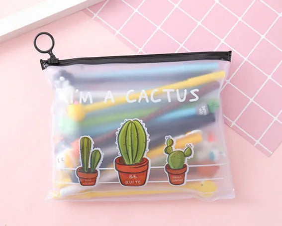 Marvel cartoon themed 0.5mm black pen set with twenty pens in plastic storage case featuring cactus character designs.