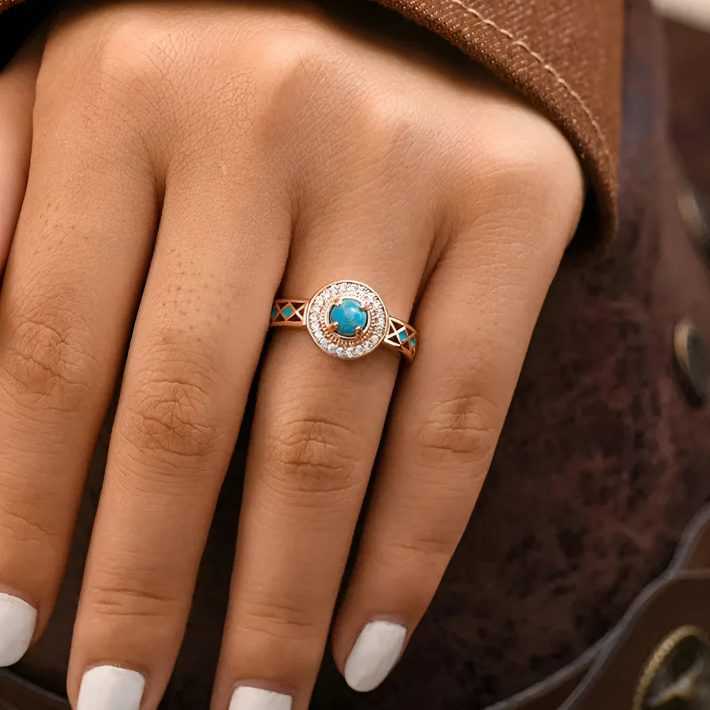 Women's geometric turquoise ring with rose gold plating and micro inlaid zircon stones