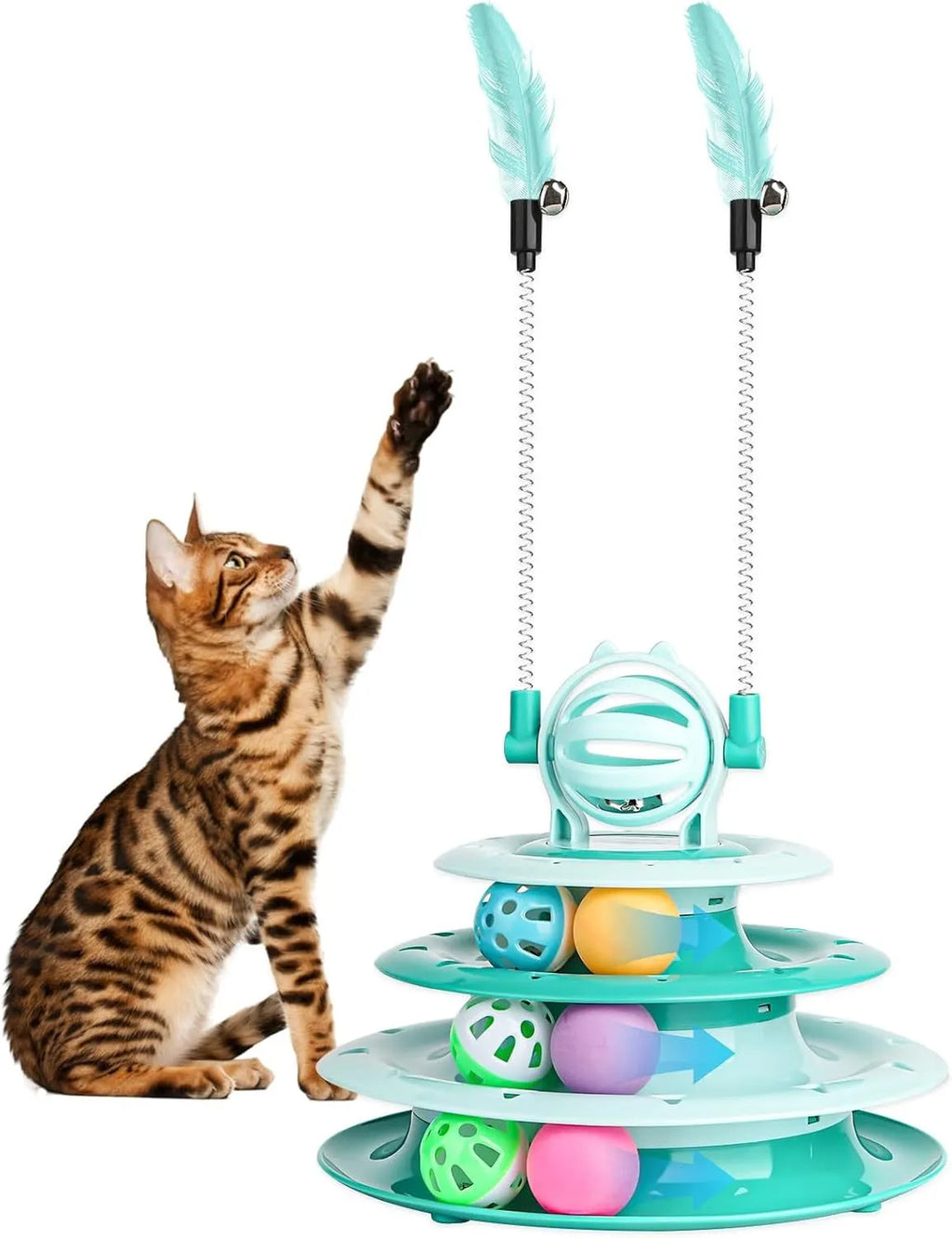 Interactive cat toy with 4-tier carousel, 6 toy balls, bell ball, and 2 teasing rods on a non-slip base