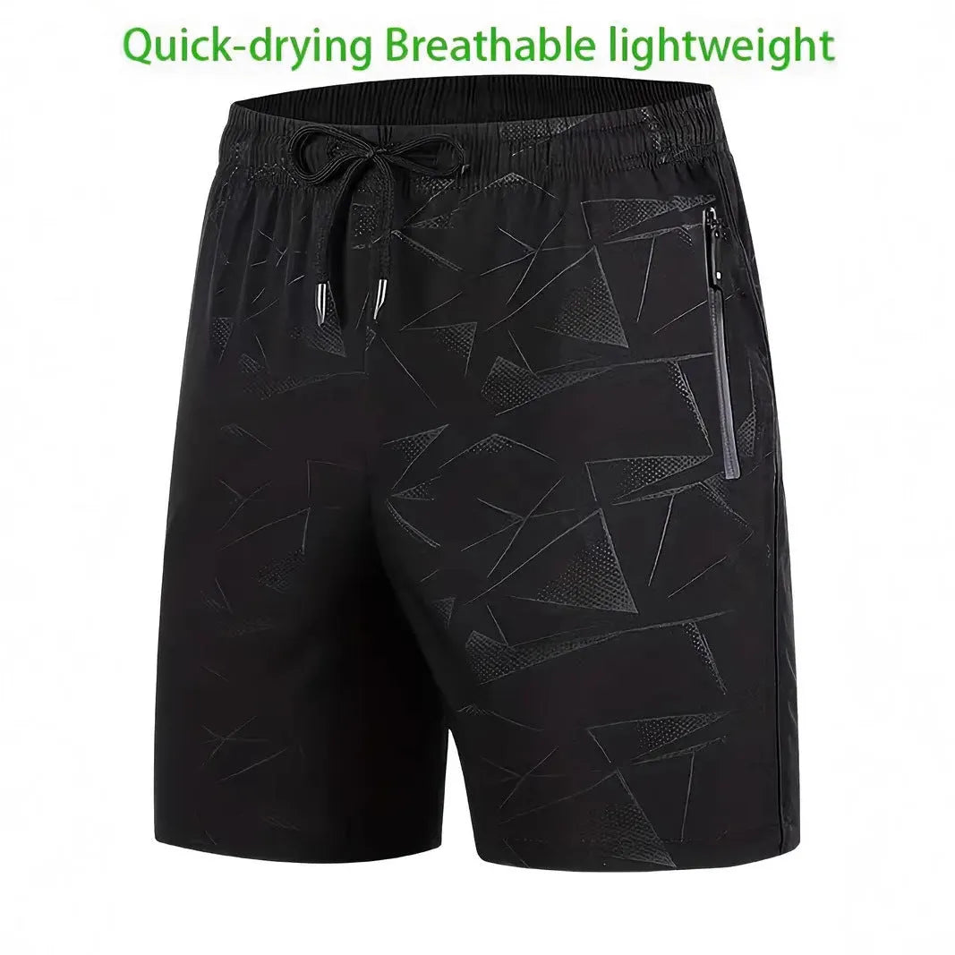 Man wearing loose grey polyester sports shorts, showing athletic loose fit and casual style.