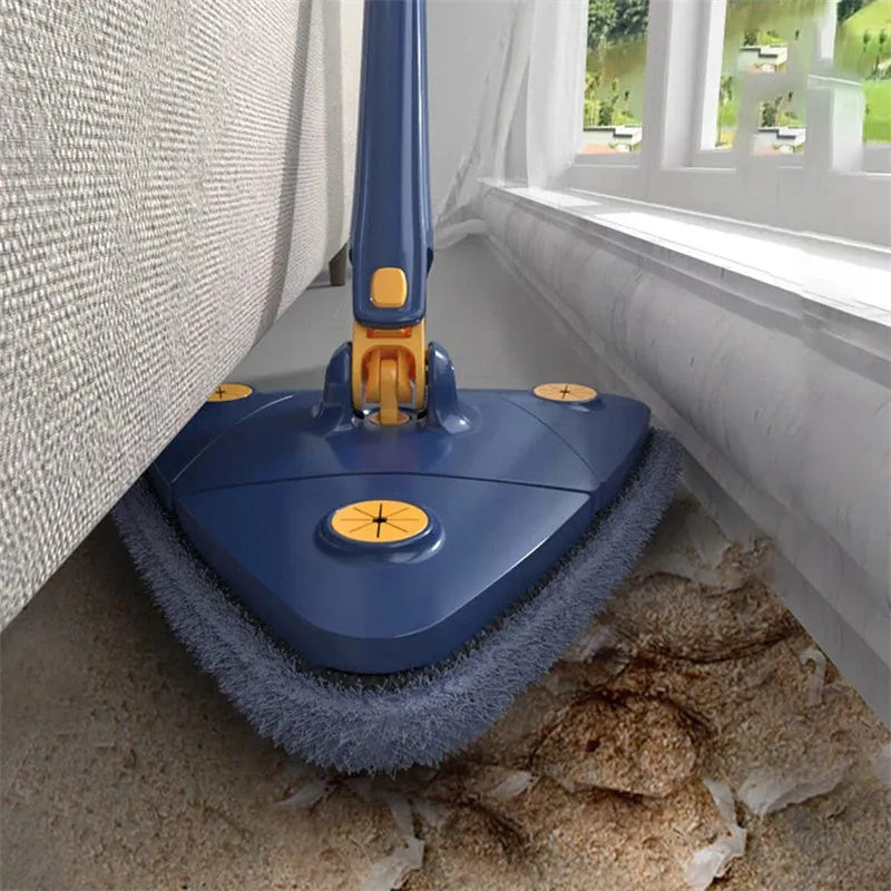 Blue extendable triangle cleaning mop with 360-degree rotating head and stainless steel pole