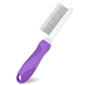 Purple handled pet grooming comb with stainless steel teeth for detangling dog and cat hair.