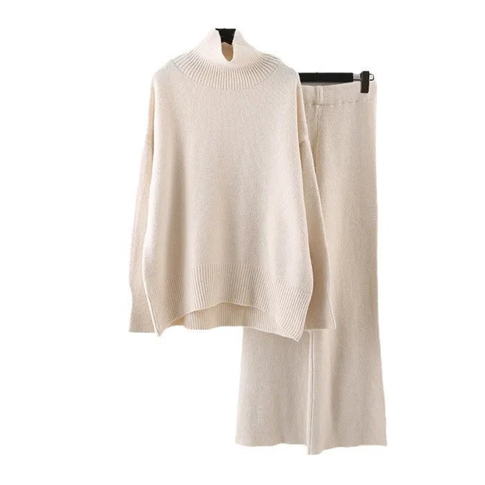 Women's beige acrylic fibre sweater and wide leg pants two-piece casual set.