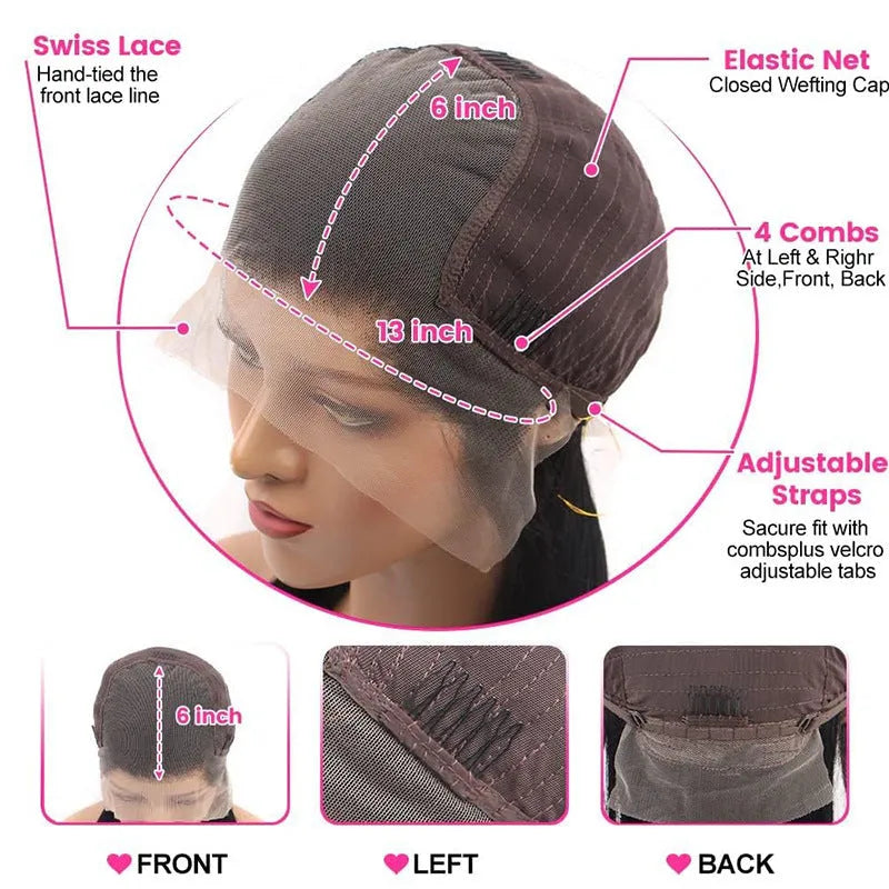 Straight black human hair wig with 13x6 lace front, shown in long length.