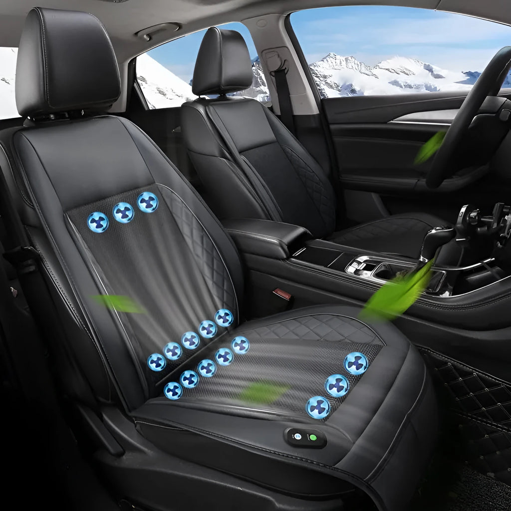 Car ventilation cushion with fan in black mesh design for driving comfort