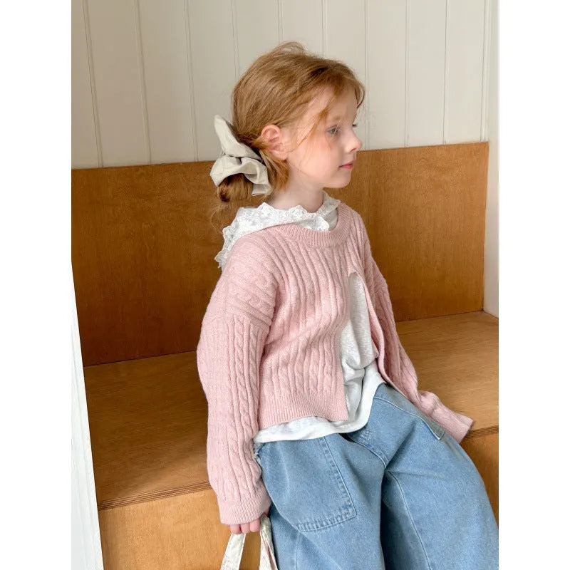 Girls cotton pullover retro split design lotus root colour knit sweater front view