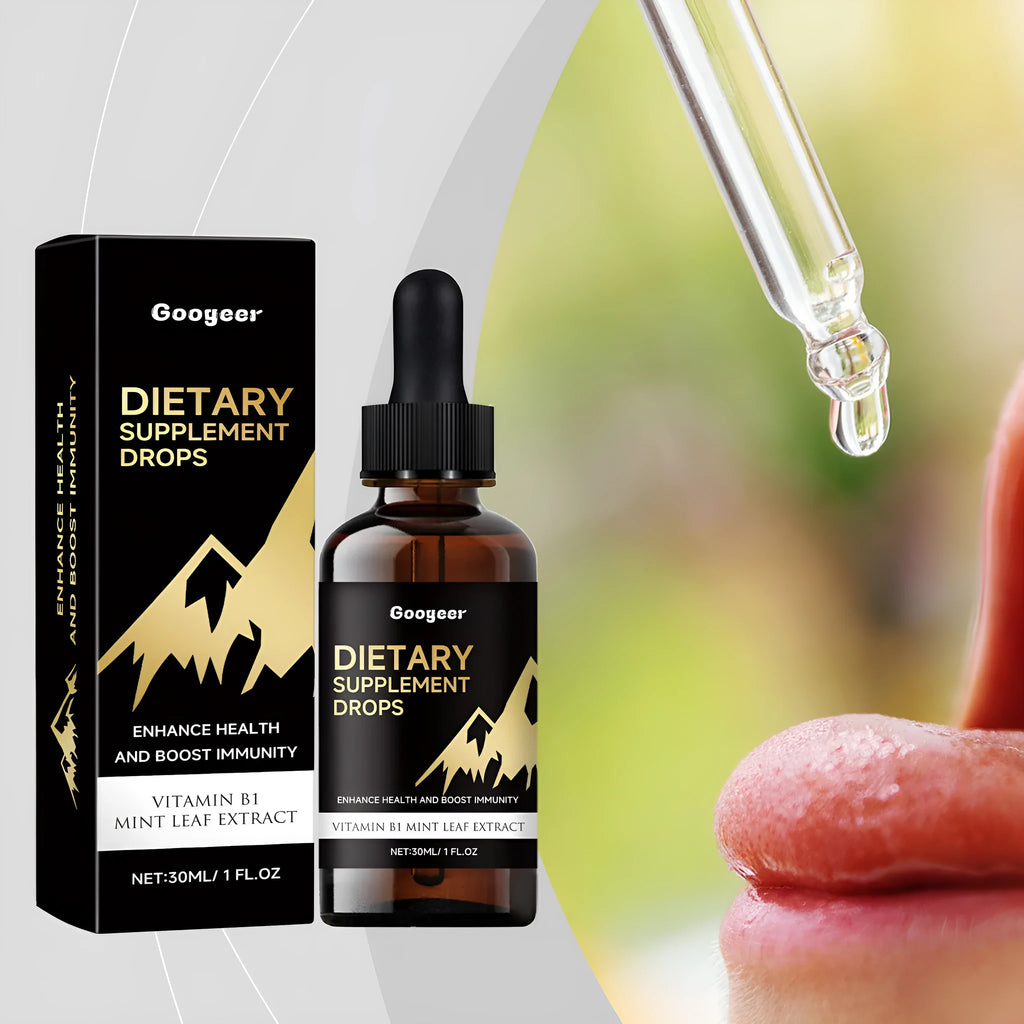 Bottle of liquid dietary supplement drops with dropper against plain background
