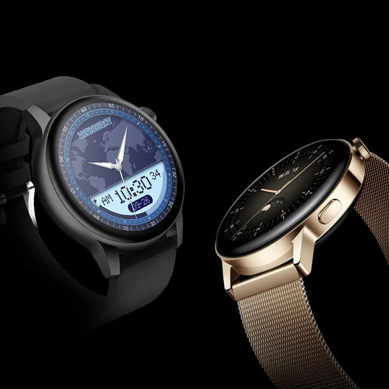 Stainless steel smart watch with 1.3-inch colour touchscreen on a wrist, showing fitness data.