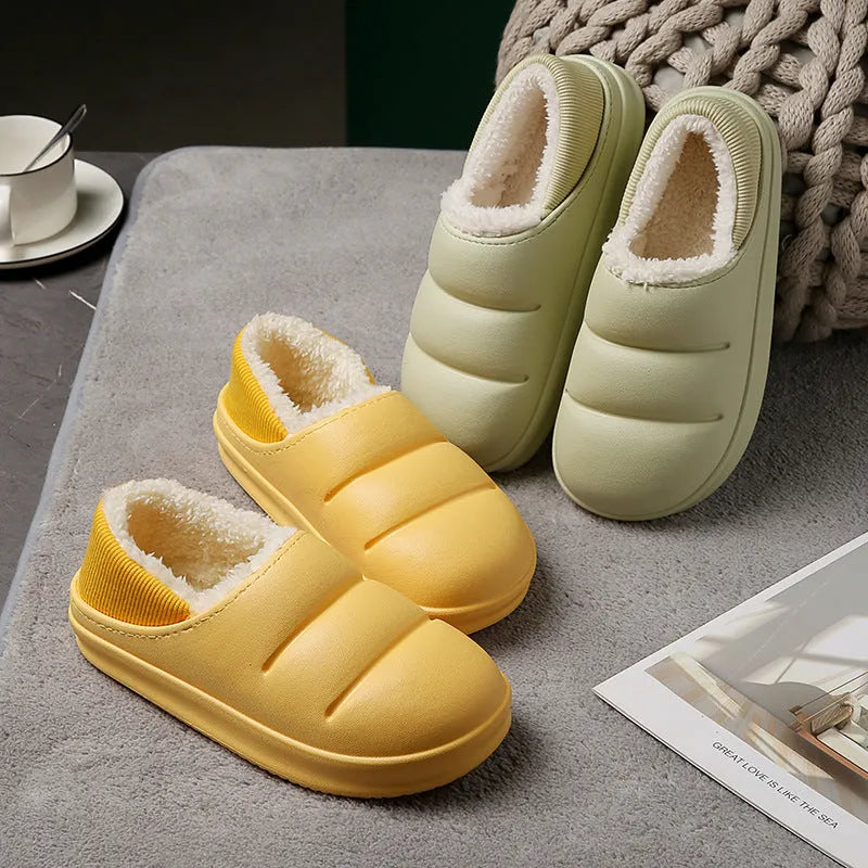 Waterproof couple cotton slippers with EVA sole in yellow, green, black, grey, pink, or orange colours