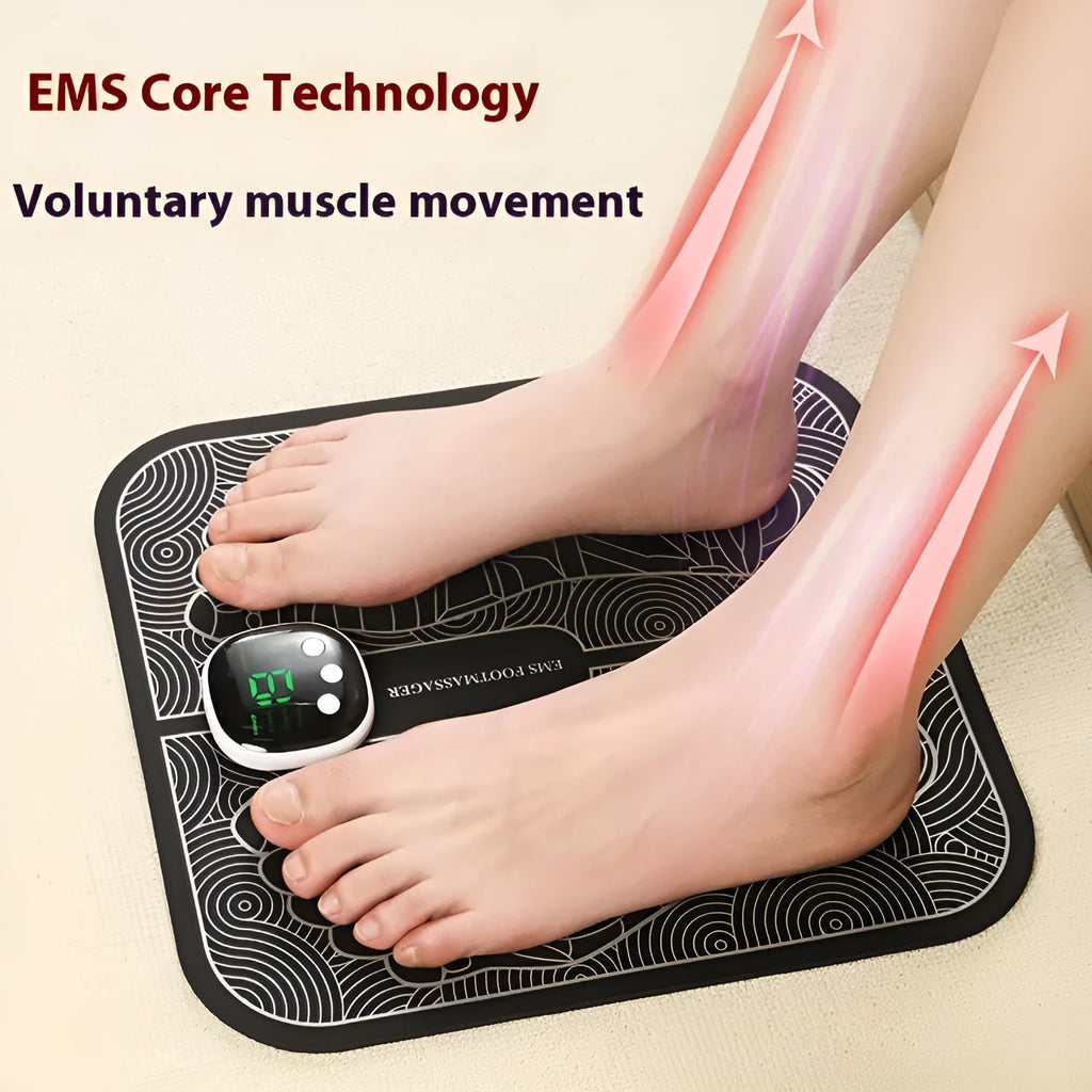 Blue square USB rechargeable foot massage mat with remote control on floor