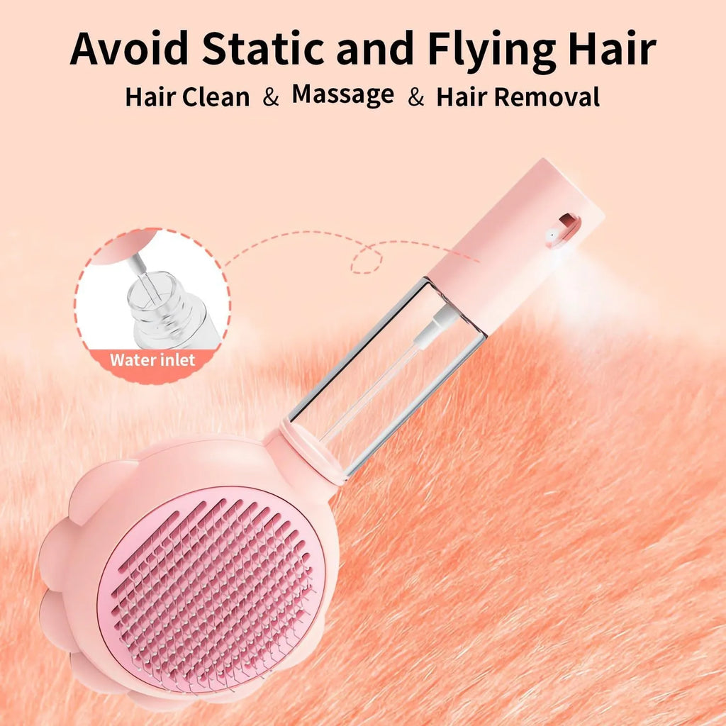Grey green pink spray function cat grooming brush with release button and curved stainless steel pins
