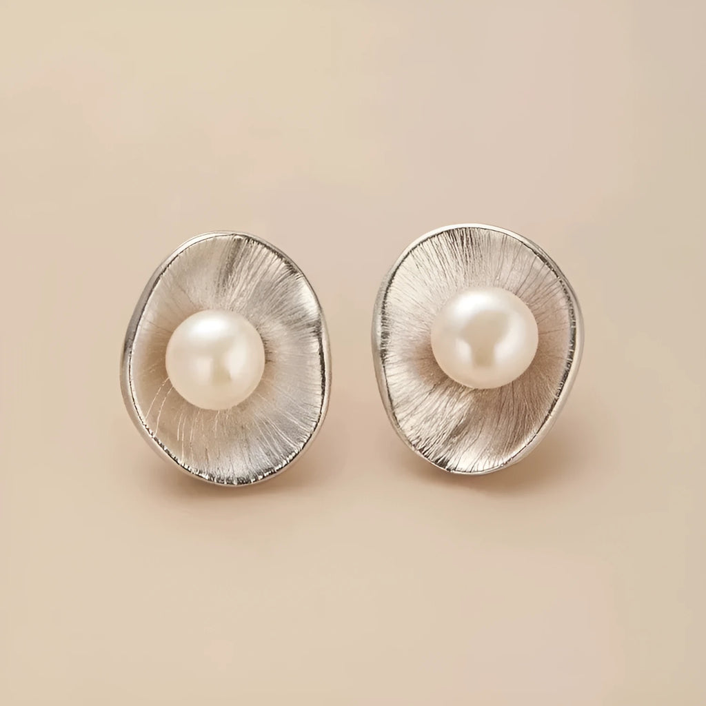 Pearl sterling silver geometric earrings with gold electroplated finish
