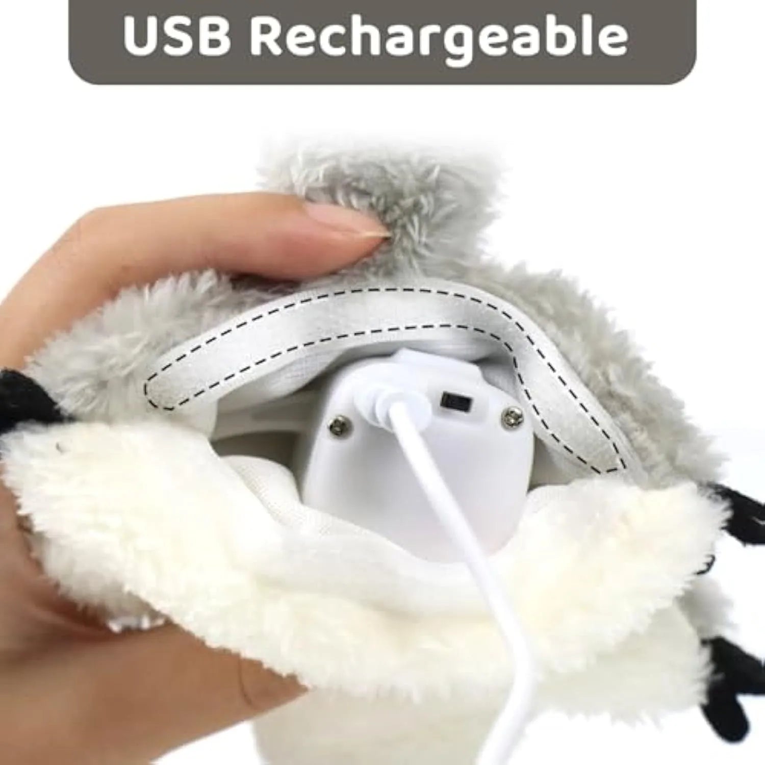 Grey plush flapping squirrel cat toy with motion sensor and USB charging unit