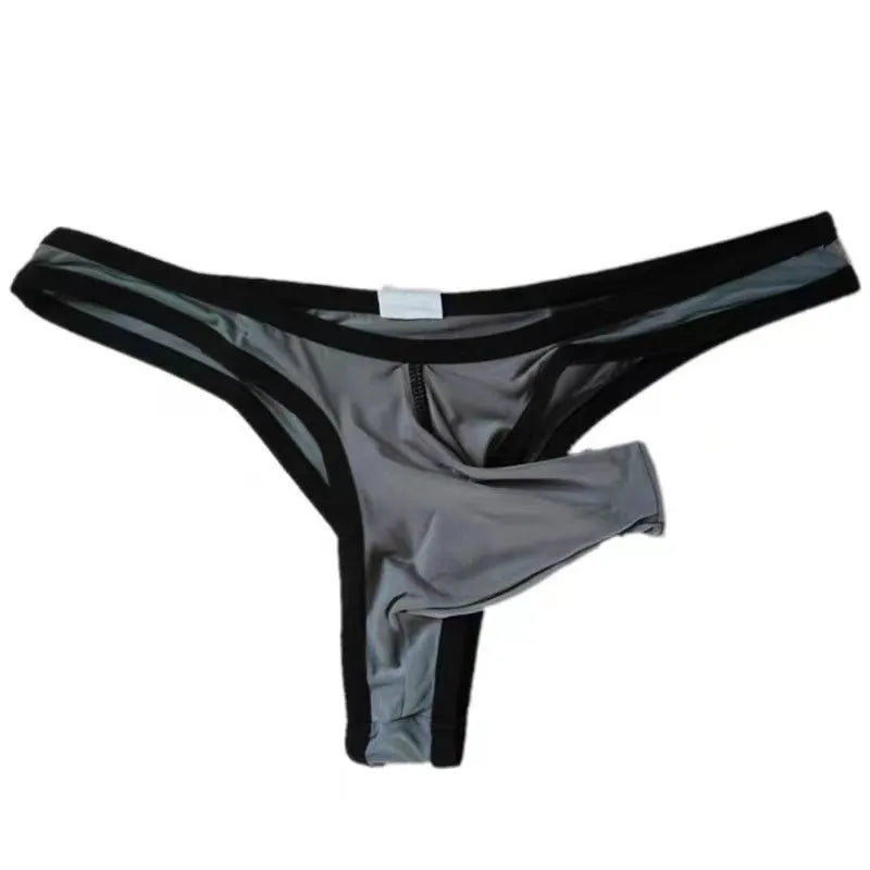 Men's white nylon ice silk small briefs with elephant nose style cut on a flat lay.