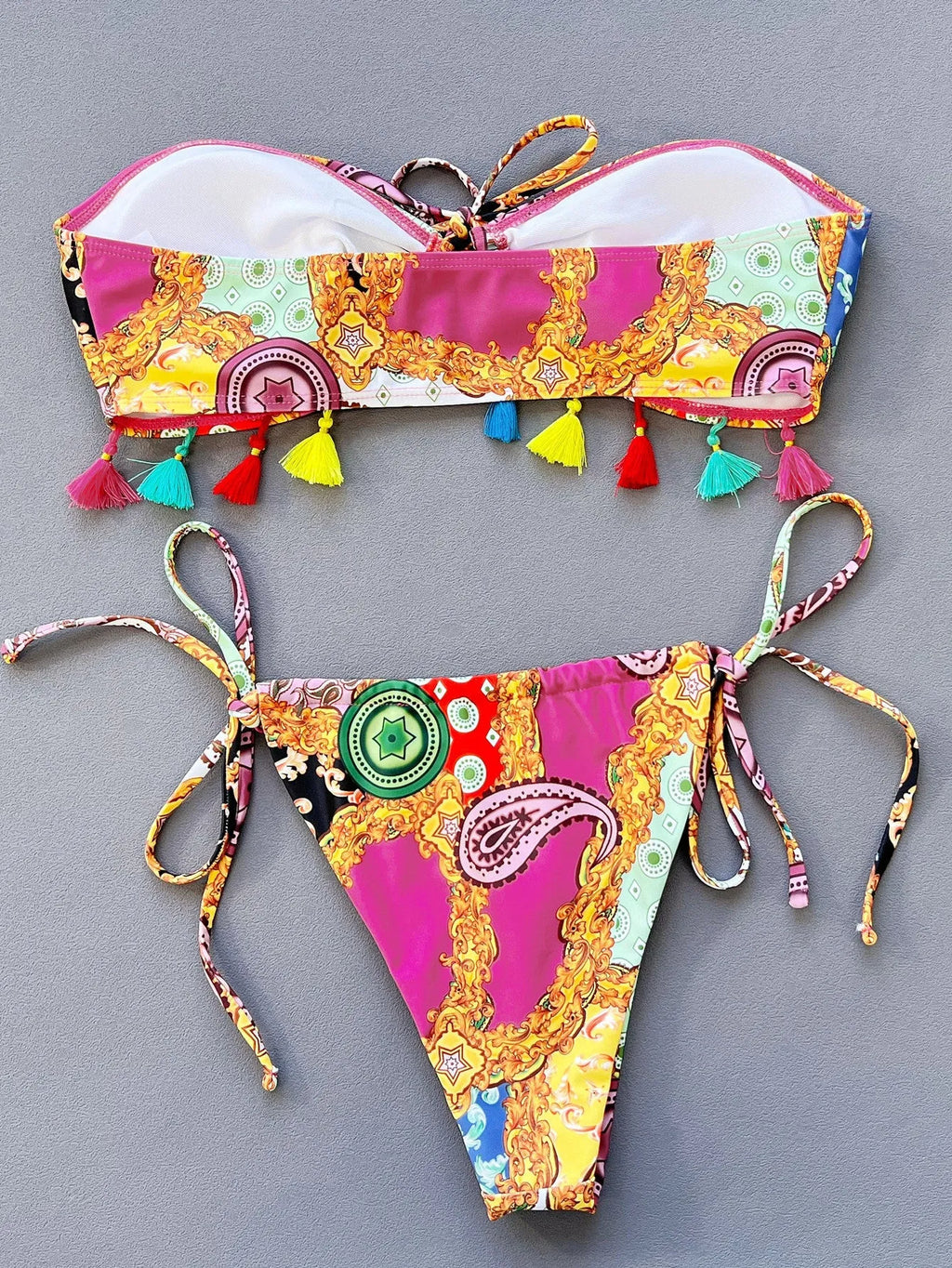 Women's printed separate bikini set with tube top and briefs for swimming