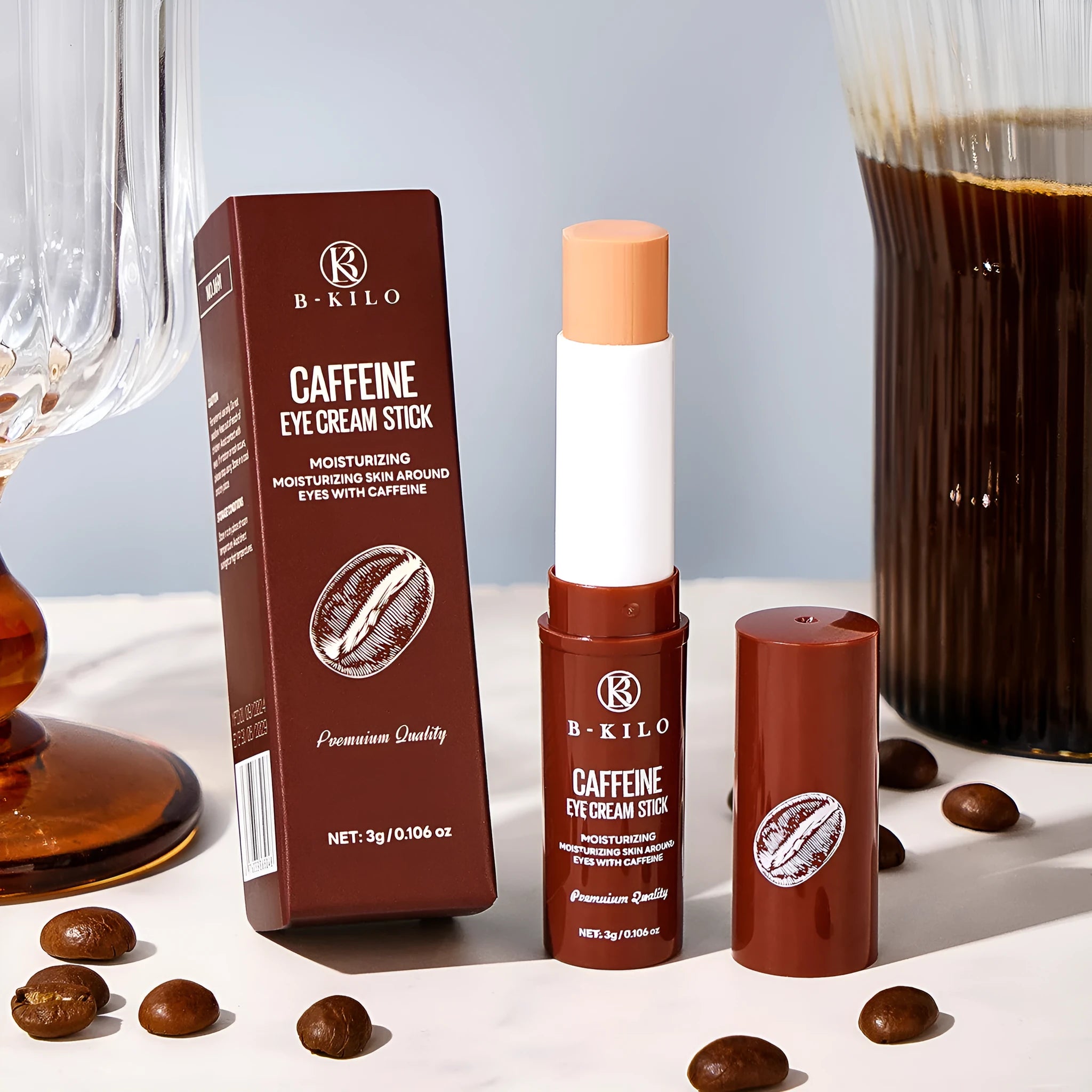 Caffeine eye cream stick in portable packaging for under-eye application