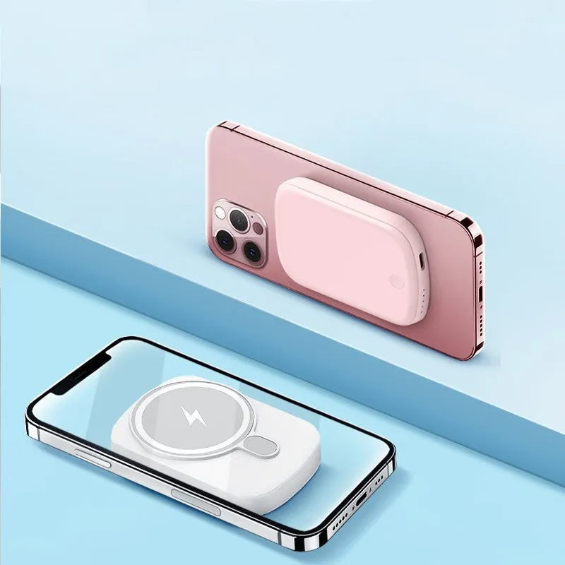 Magsafe magnetic wireless power bank in four colours with iPhone charging demonstration