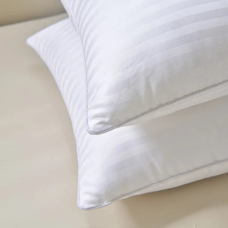 White cotton satin stripe pillow with feather and cotton fill, shown in 45cm, 48cm, and 50cm width options.