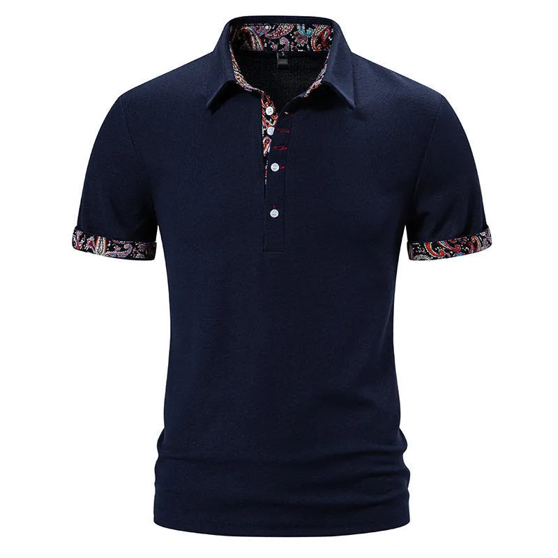 A man's regular fit polo shirt with a turnover collar, short sleeves, and colour-contrast stitching.