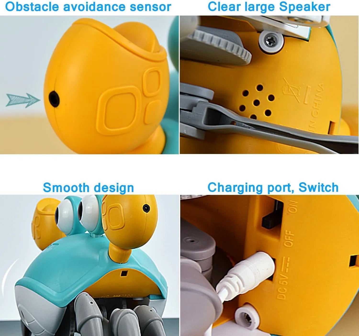 Blue interactive crawling crab dog toy with electronic sensors for obstacle avoidance