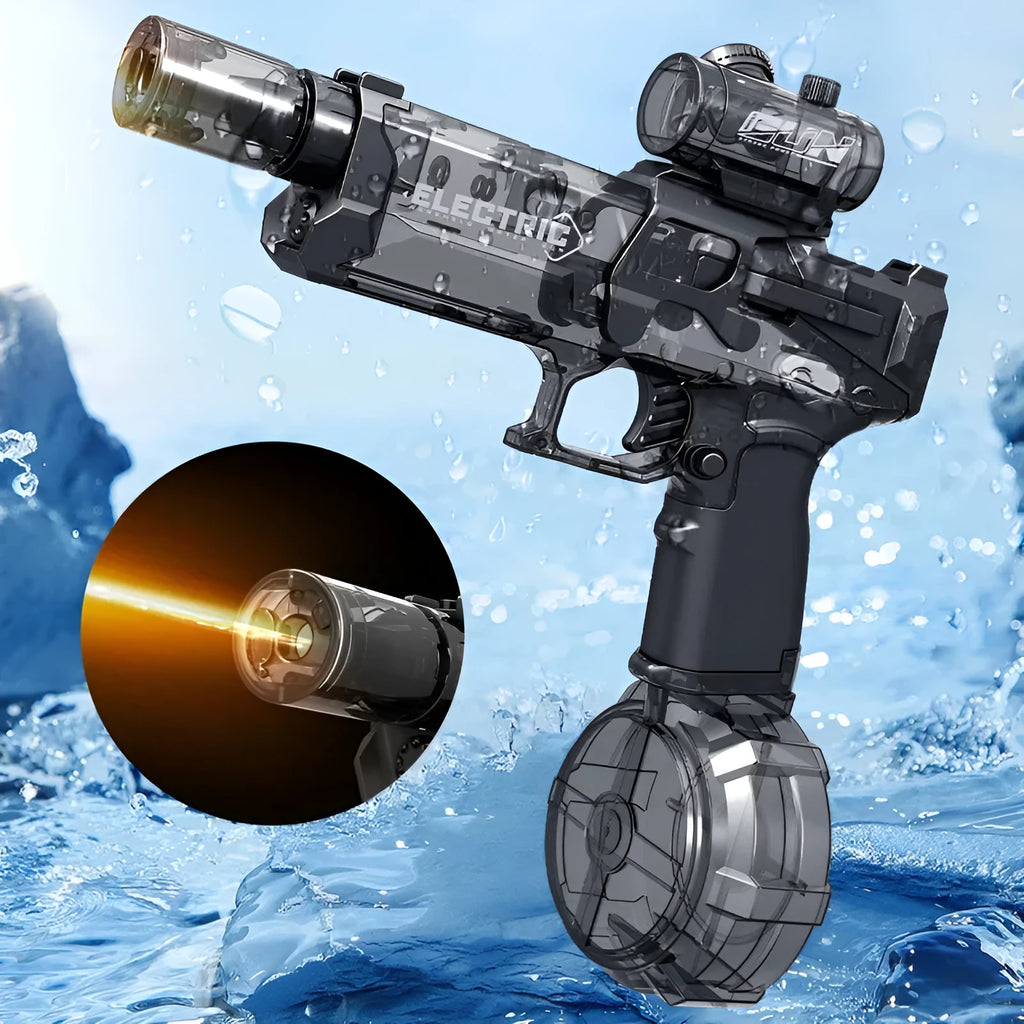 Fire Rat electric water pistol toy with LED lights in multiple colour options including black, blue, and red