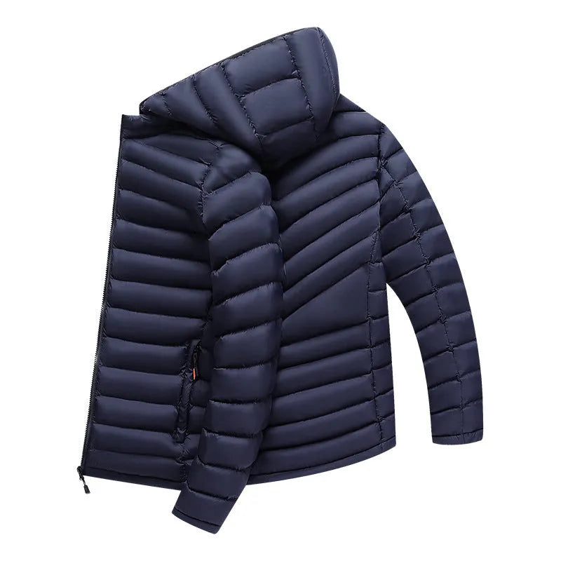 Men's lightweight down cotton-padded jacket in black with hood and zipper pockets, shown front view