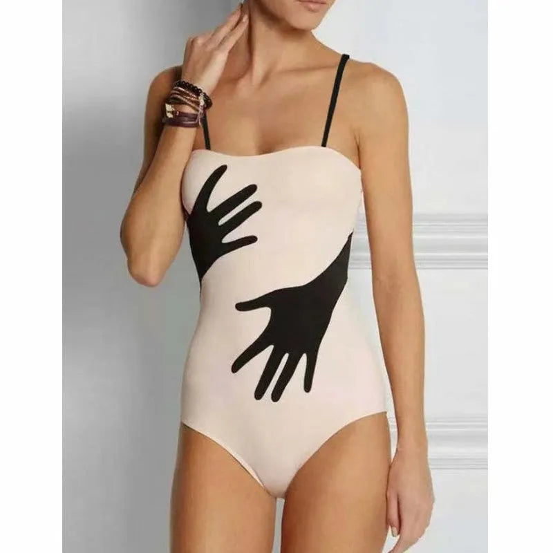 Women's polyester one-piece bikini swimsuit with a gauze skirt, shown in sizes S M L XL.