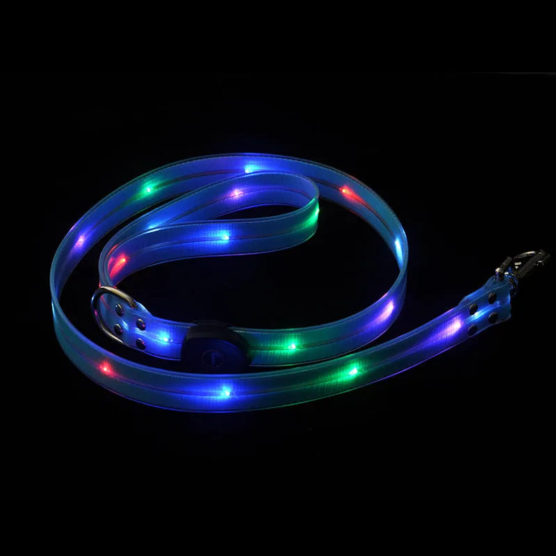 Luminous dog leash in fluorescent green with hand-holding lead and PVC rope construction on white background