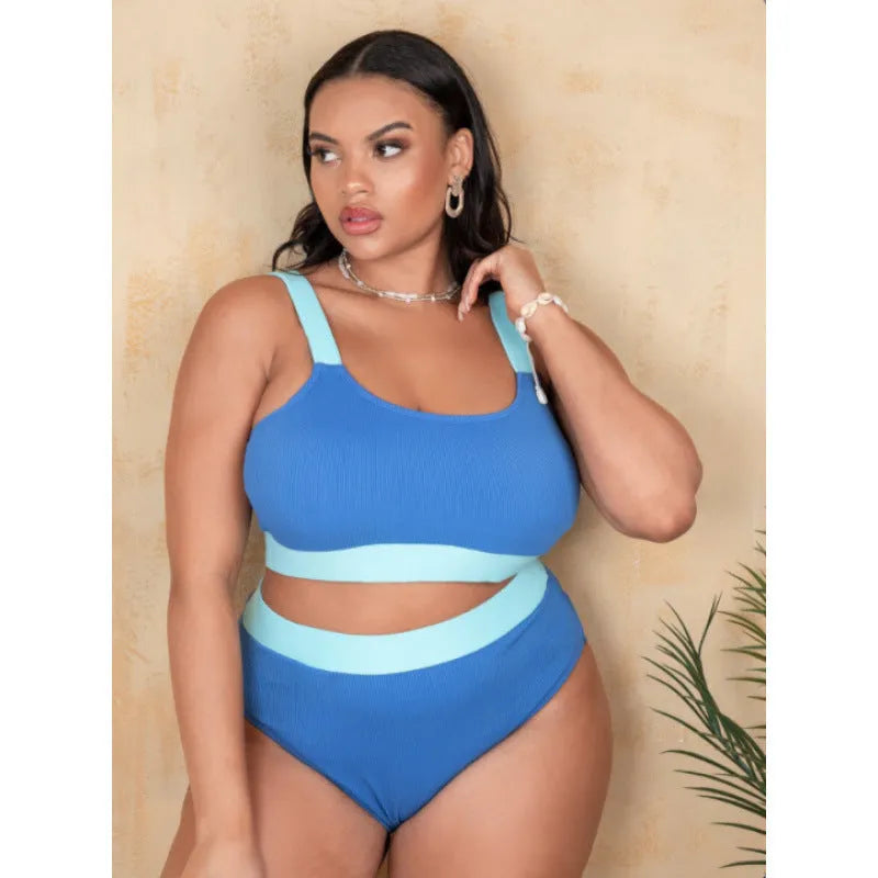 Women's high-waist polyester bikini set with stitching detail and brief cut in assorted colours