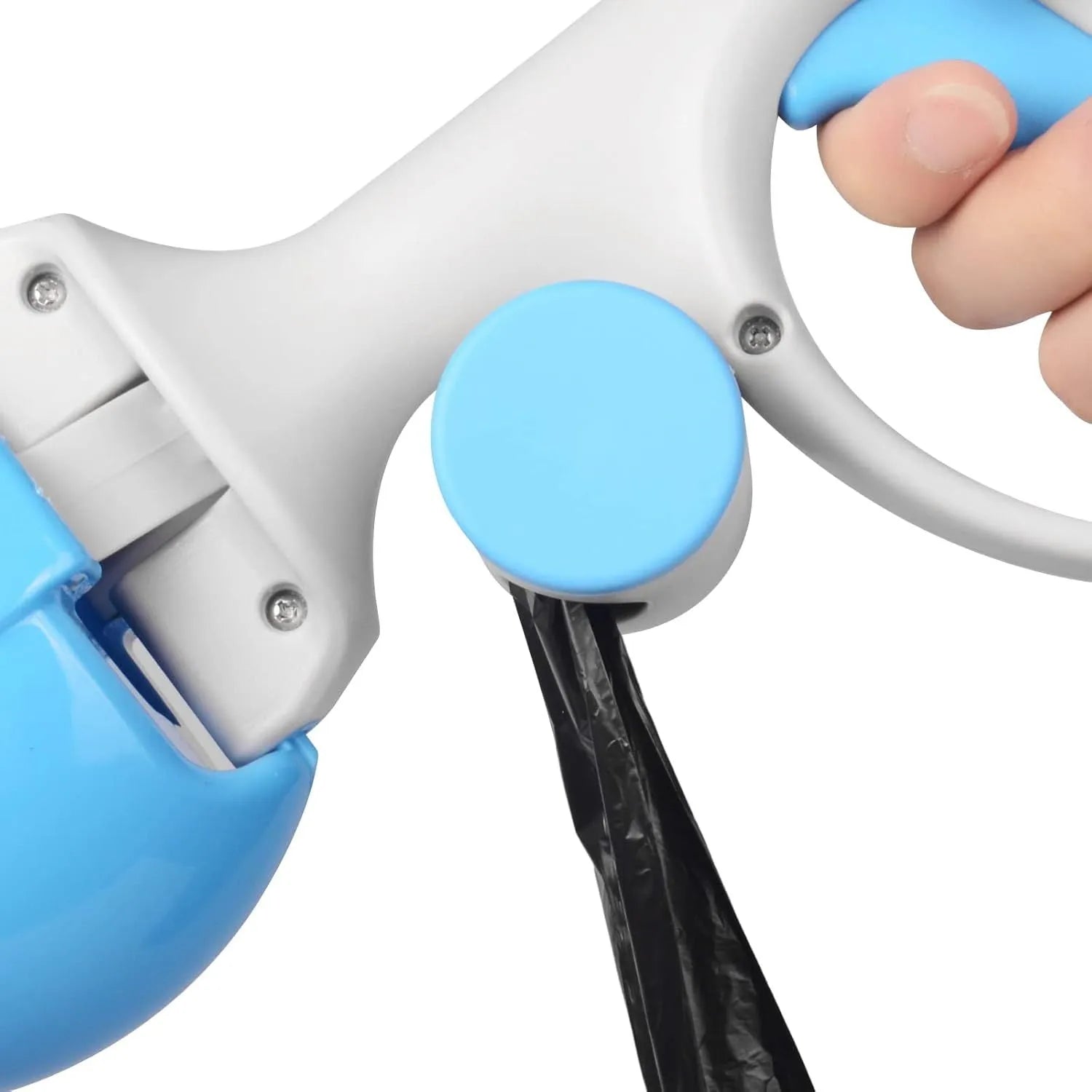 A heavy-duty ABS plastic pet pooper scooper with a built-in trash bag holder and top carry hook.