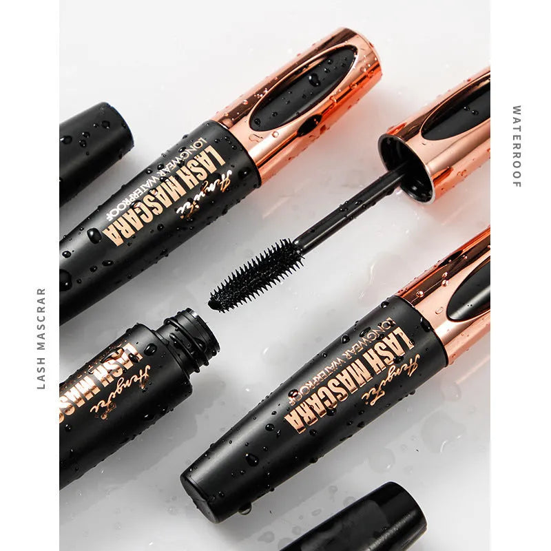 Black waterproof and sweat-proof mascara tube showing thick curling formula application