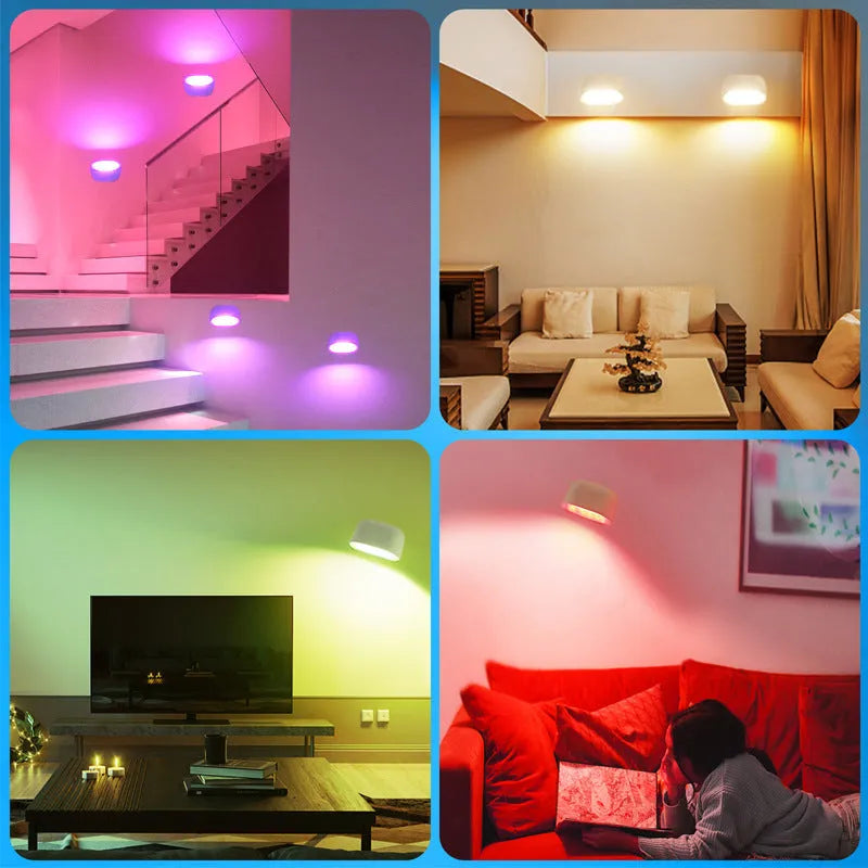 White magnetic wall lamp with remote control showing touch operation and colour changing features