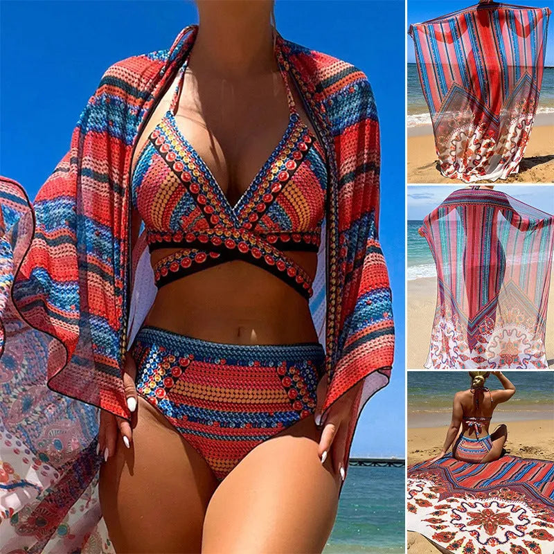 Women's three-piece swimsuit set with cutout sleeveless top, high-waisted briefs, and matching coat on a model.