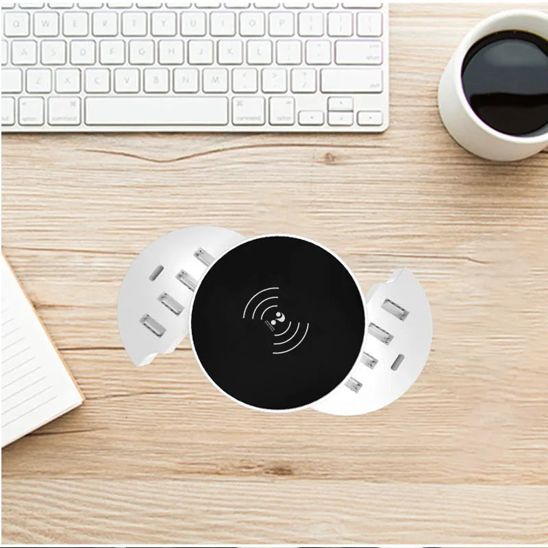 Multi-port wireless circular charger in ceramic white with UK EU US plug adapters and 1.5m cable
