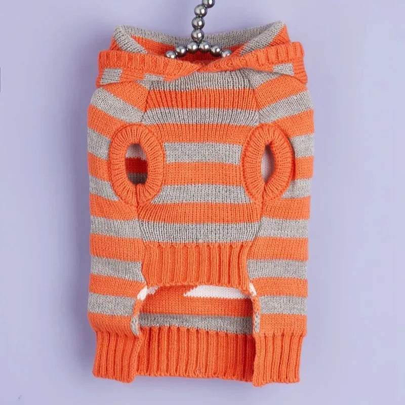 Halloween knitted cold-proof contrast colour striped hooded fur ball pet sweater in orange for dogs and cats
