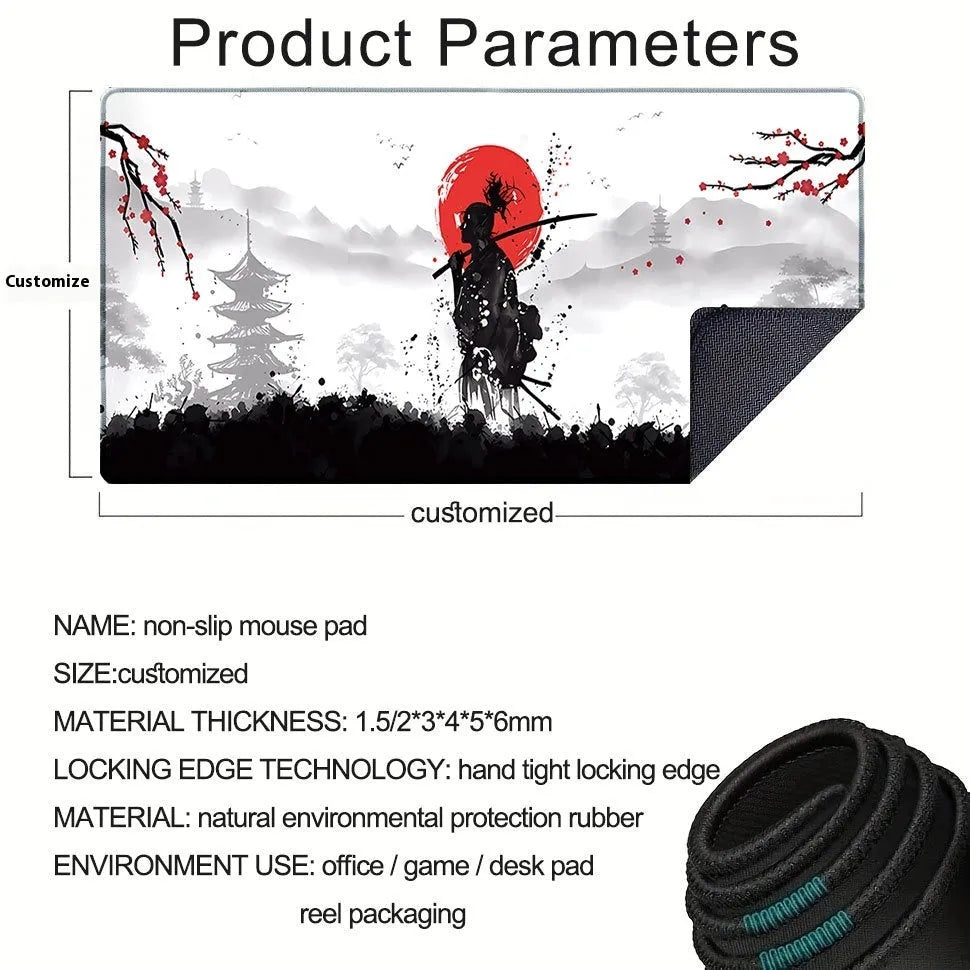 Japanese Samurai design gaming mouse pad with cloth surface and thermal transfer artwork