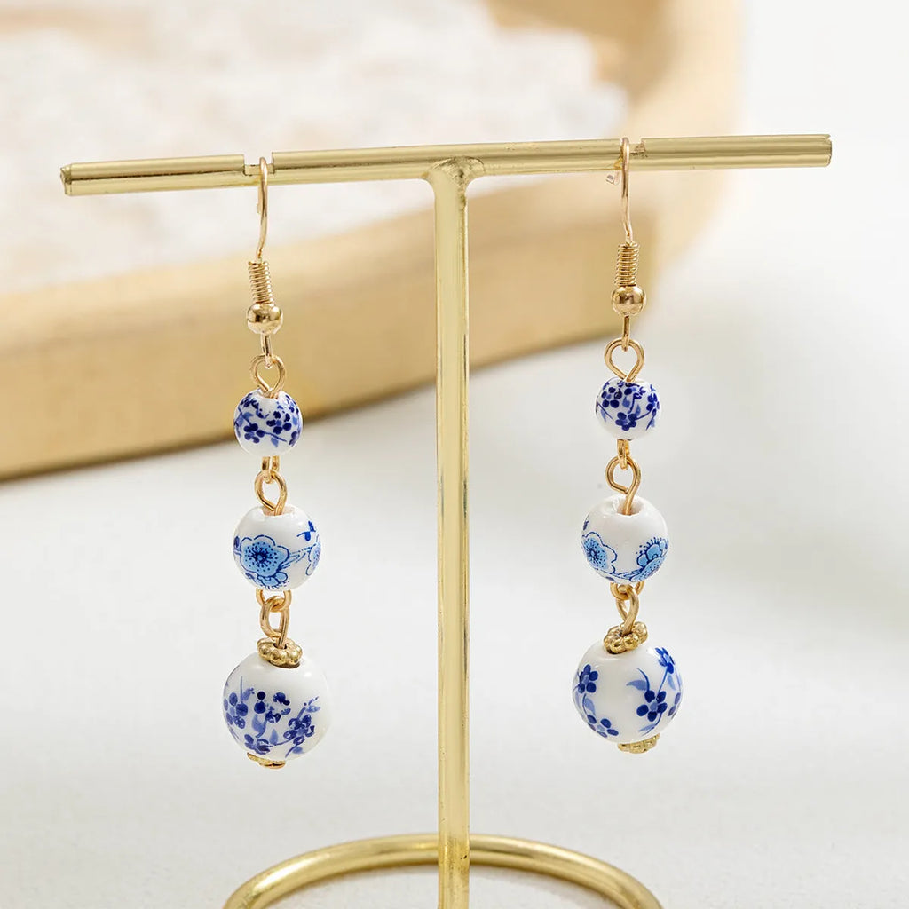 Blue and white porcelain ceramic beads long retro drop earrings for women with alloy hook