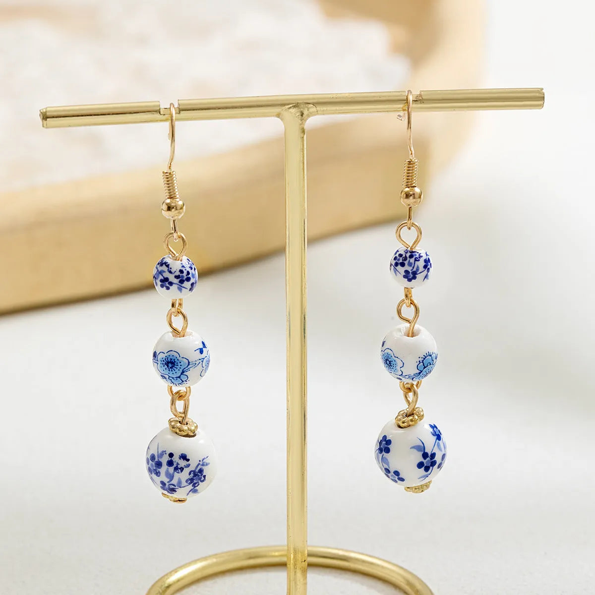Blue and white porcelain ceramic beads long retro drop earrings for women with alloy hook