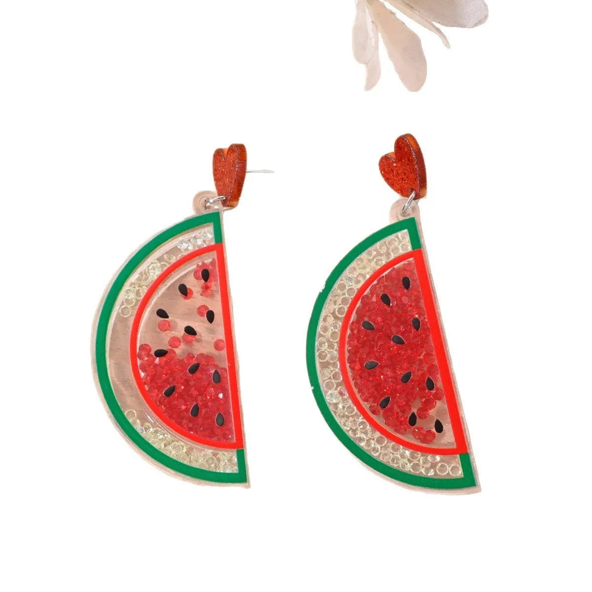 Colourful acrylic fruit earrings for women featuring cherry, strawberry, watermelon, and pineapple shapes, dangle style