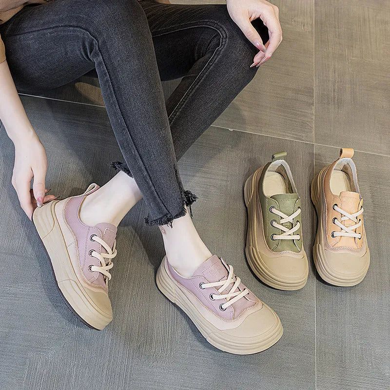 Women's matcha green leather platform sneakers with round toe and front lace-up on a white background.