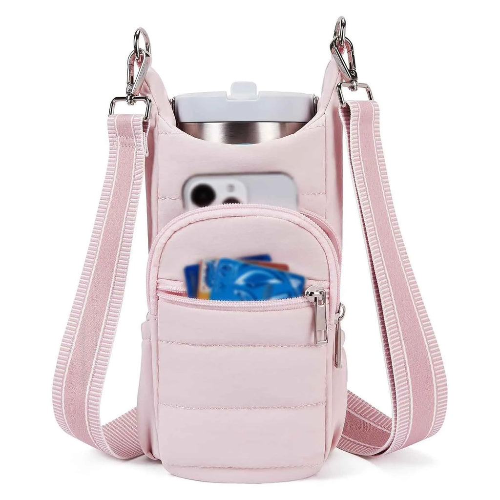 Cloth bicycle water bottle bag in black, pink, and beige for cycling hydration storage