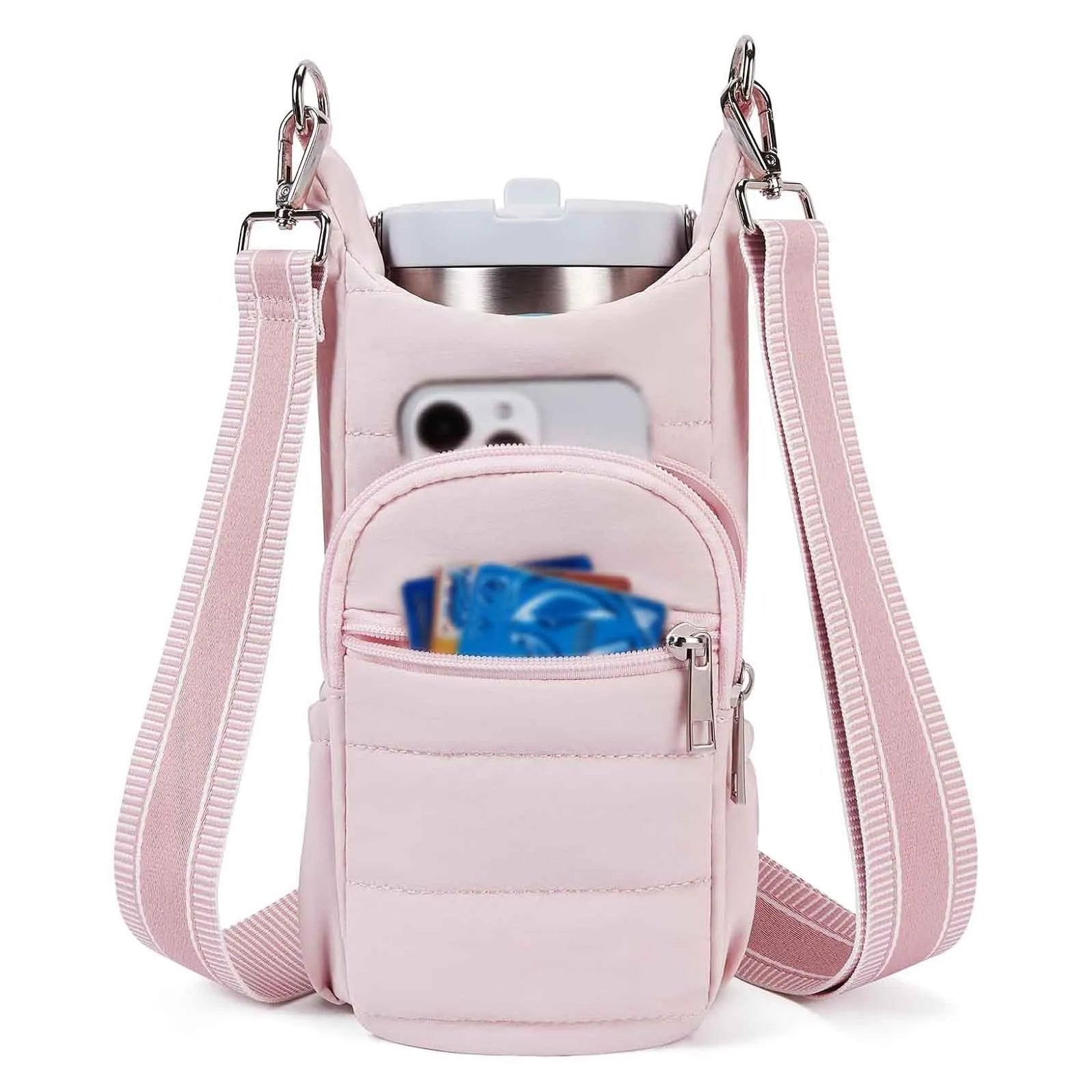 Cloth bicycle water bottle bag in black, pink, and beige for cycling hydration storage