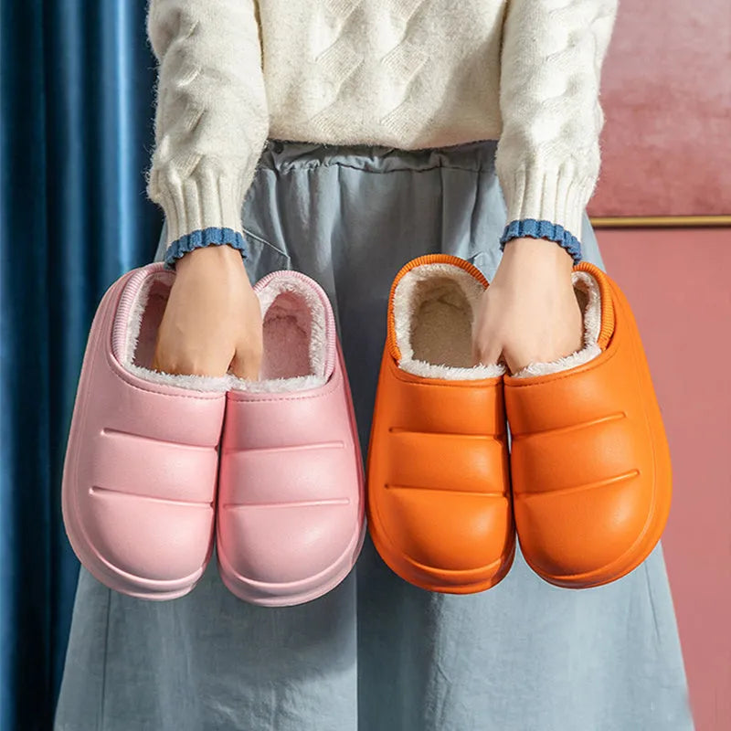 Waterproof couple cotton slippers with EVA sole in yellow, green, black, grey, pink, or orange colours