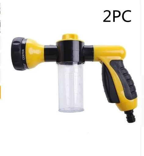 Green high-pressure foam spray gun with adjustable nozzle showing eight spray pattern settings