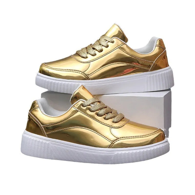 Rose gold sequined platform sneakers with round toe and thick MD sole