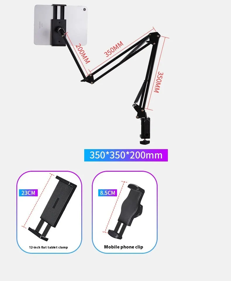 Black foldable metal cantilever bracket holding a tablet on a desktop